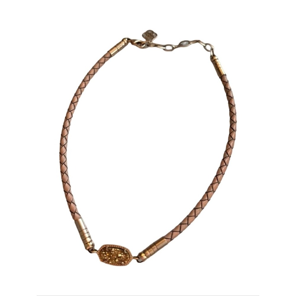 Kendra Scott Cooper Braided Leather Choker Rose Gold Drusy Adjustable Necklace‎